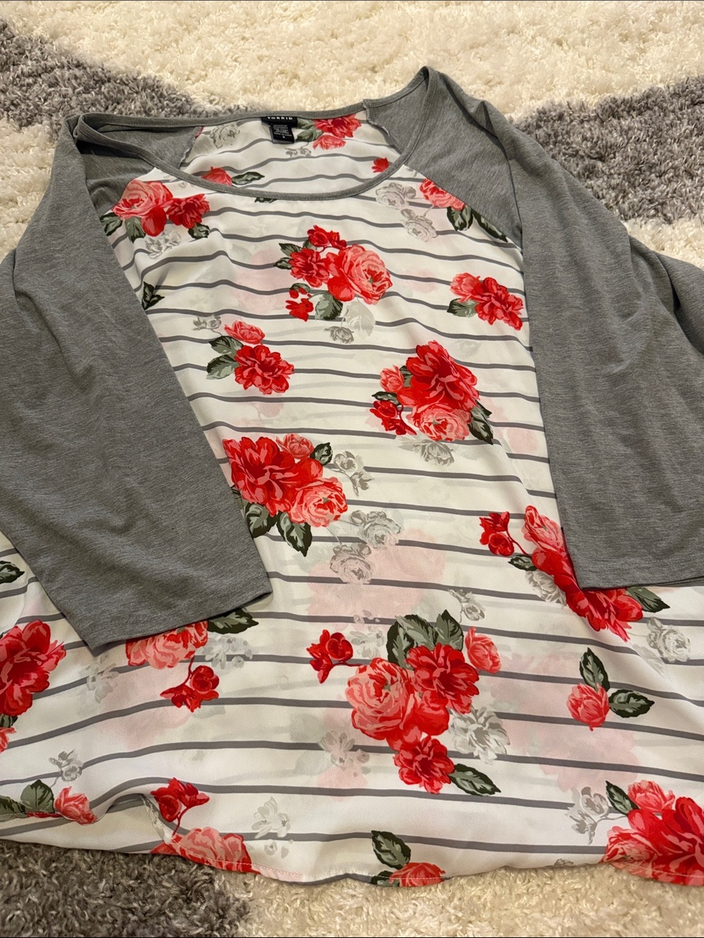 torrid Gray Sleeve Floral Stripe Raglan Top - Red Floral